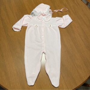 Vintage Baby Bliss 18M Girly Pink Stripe Baby One-Piece with Lace Trim Bonnet